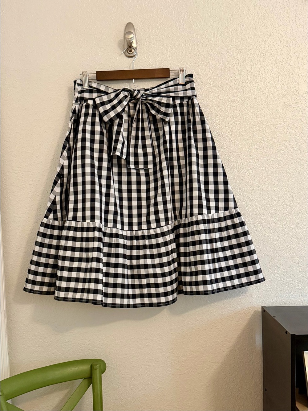 J. Crew Black & White Gingham Tie-Waist A-Line Midi Skirt